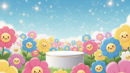 With showing cheerful cartoon flowers with smiling faces bloom in a sunny meadow with sparkling sky and white...の写真素材