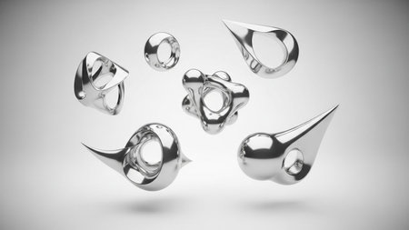 Seven polished chrome abstract organic shapes float in a studio with a subtle grey gradient background.の写真素材