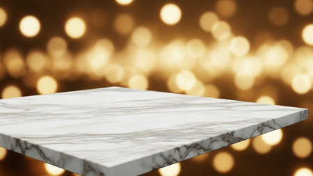 With showing close-up of a polished white marble countertop with dark grey veining, set against a...