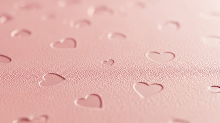With showing close-up macro shot of a pink textured surface with numerous small, embossed heart...