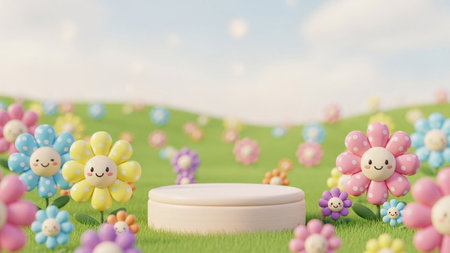 Characters showing cute cartoon flower characters in a grassy field with a display podium. resolutionの写真素材