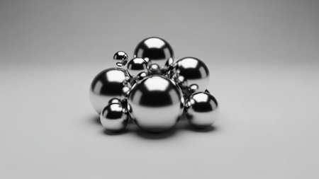 A group of polished chrome spheres of different sizes are clustered together on a smooth, light gray...