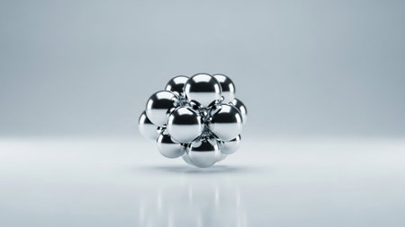 A cluster of shiny metallic spheres forms a geometric molecular structure on a light gray reflective...