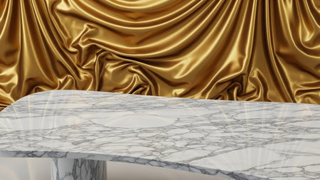 A close-up view of a white marble surface with prominent grey veins, set against a backdrop of richly draped golden...の写真素材