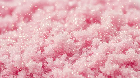 Macro view of pink sugar crystals mixed with tiny white glitter particles creating a sparkling, textured surface.の写真素材