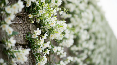 Delicate white jasmine flowers and green leaves cascade over a rough, textured stone wall.