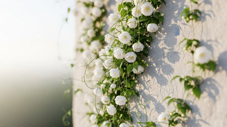 White climbing roses with green leaves gracefully drape down a textured light gray wall, illuminated by soft sunlight.の写真素材