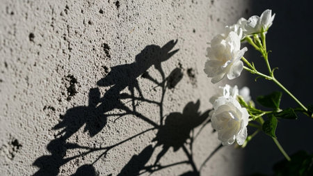 Delicate white rose flowers and green leaves cast sharp, distinct shadows onto a rough, textured gray concrete wall...の写真素材