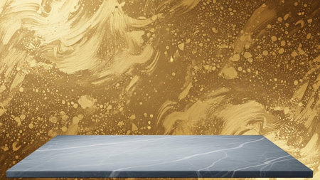 A dark gray marble shelf with subtle white veining sits in front of a richly textured gold background featuring...の写真素材