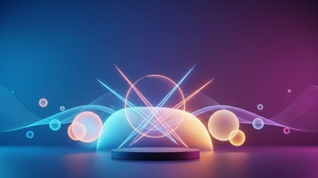 A futuristic neon stage with glowing geometric shapes and wavy lines in vibrant blue, pink, and...