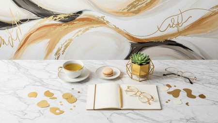 An desk with an open notebook, glasses, tea cup, macaron, and gold confetti scattered on a white...