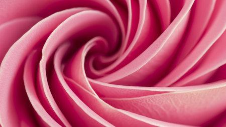 An extreme close-up macro view of swirling pink rose petals showcases delicate textures and...