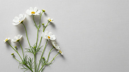 Delicate white cosmos flowers with green stems and leaves are artfully arranged on a textured light...
