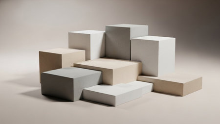 A collection of neutral colored geometric blocks and cubes arranged in a staggered formation...