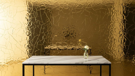 With showing gold cracked wall texture reflecting a marble table with a single white flower....