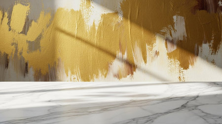 Gold brush strokes on textured wall with marble surface and sunlight shadows. resolutionの写真素材