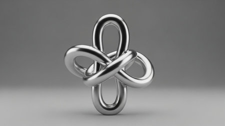 A polished chrome metal with interlocking loops forms a complex knot or infinity symbol.