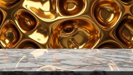 A abstract background of flowing liquid gold metal meets a polished marble surface, creating a rich...
