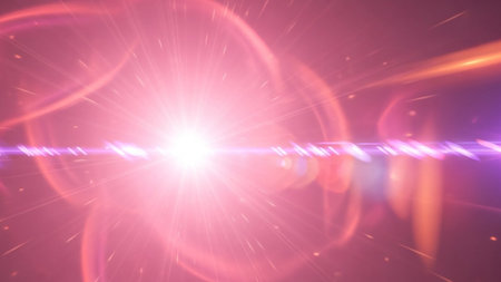 A bright, intense pink light source creates a dramatic lens flare with purple streaks and glowing...