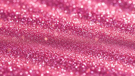 A macro close-up reveals a dense field of sparkling pink glitter particles creating a vibrant,...