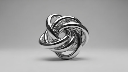 An intricate metallic silver torus knot sculpture with a polished, reflective surface sits on a...