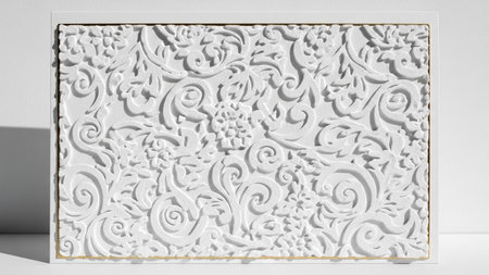 A white card a deeply embossed intricate floral and swirling vine pattern with a subtle thin gold...