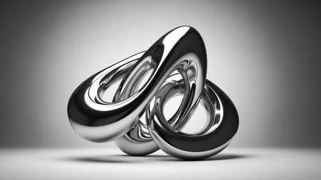 A polished chrome sculpture of intertwined infinity loops sits on a light gray surface with soft...