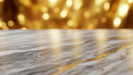 A macro view of a polished marble surface with intricate gold veins is set against a blurred...