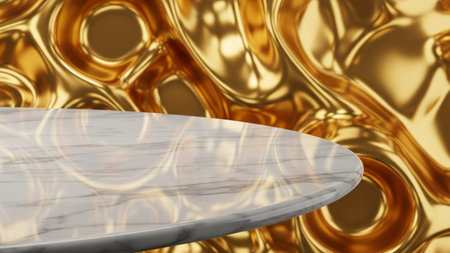 A marble display platform rests above a background of rippling, liquid gold metal with organic...