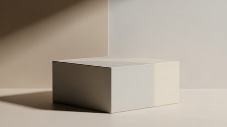 A minimalist geometric cube pedestal in soft neutral colors, set in a studio with subtle shadows and...