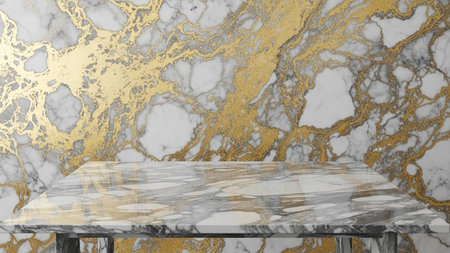 A polished marble shelf with prominent gold veining is set against a matching marble wall with...
