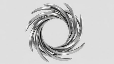 A metallic silver abstract swirling vortex shape with sharp curved blades on a plain white...