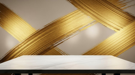 A white marble tabletop with grey veins rests in front of a wall featuring bold, dynamic golden...