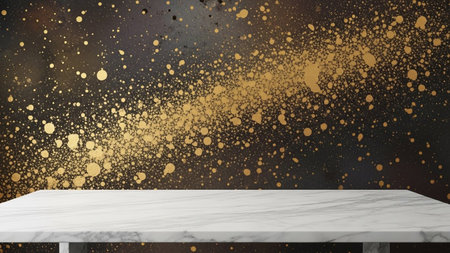 Marble showing marble tabletop with dark textured background splattered with gold glitter. resolutionの写真素材