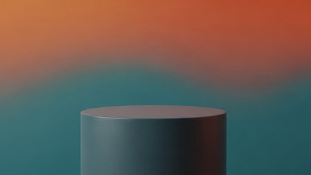 Cylindrical showing minimalist cylindrical pedestal with gradient background of orange and teal....