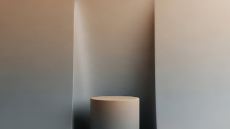 With showing minimalist cylindrical pedestal against softly lit neutral background with subtle...