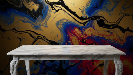 With showing marble table with ornate carved legs placed in front of a vibrant abstract background...