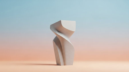 A smooth matte white abstract sculpture with a twisted form stands on a light peach surface against...
