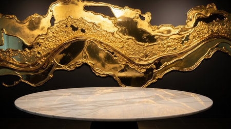 An oval marble table with striking veining rests before an elaborate, textured abstract gold piece...