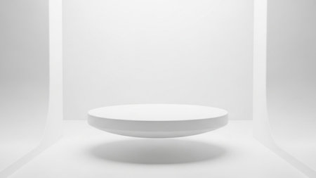 A minimalist white circular podium floats in a clean white studio space, casting soft shadows, product display.の写真素材