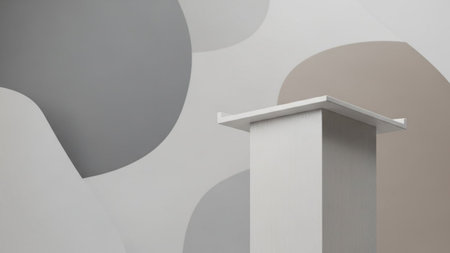 With showing minimalist abstract background with a geometric white pedestal against soft grey and beige curved...の写真素材