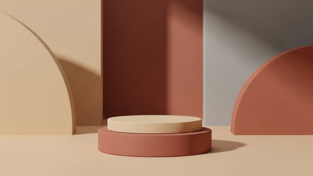 Minimalist product display stage with two cylindrical pedestals in earthy terracotta and beige...