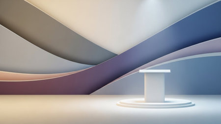 With showing modern stage with a white podium and abstract wavy background panels. resolutionの写真素材