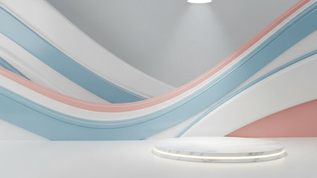 A round marble display platform is set against a backdrop of curved, wavy walls in pastel pink,...