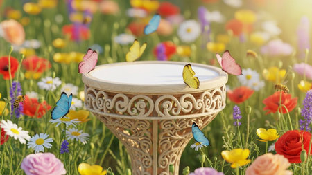 An ornate beige pedestal stands in a sunlit meadow bursting with colorful wildflowers, with...