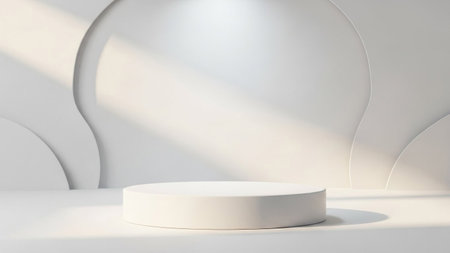 A minimalist white podium sits on a clean surface, bathed in soft light and shadows cast by curved...
