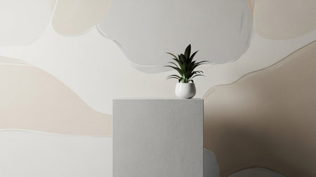 A single green plant in a white pot sits atop a grey cube pedestal. The background soft, organic abstract shapes in...の写真素材