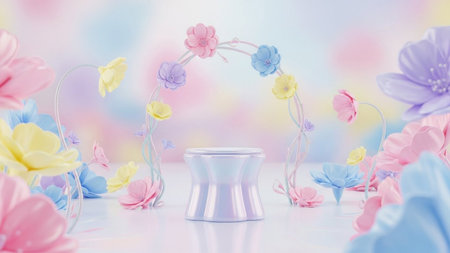 150656 showing pastel floral archway display pedestal with butterflies and soft bokeh background....