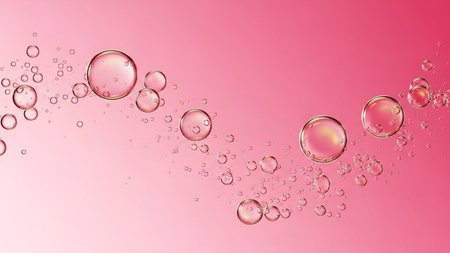 With showing pink bubbles floating in a gradient pink liquid with light reflections and subtle...