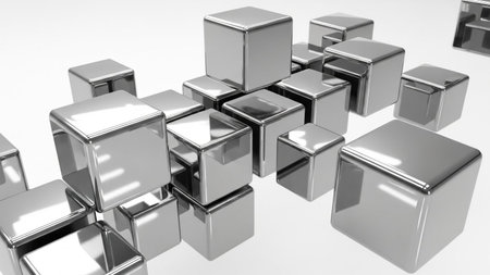 With showing scattered metallic silver cubes with rounded edges arranged in a dynamic composition on a clean white...の写真素材